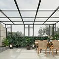 Villa Balcony With Glass Roof Green Plants And Wooden Furniture