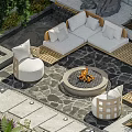 Tranquil Garden Landscape With Circular Fire Pit L shaped Sofa And Green Plants 3d model
