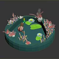 Modern Circular Water Feature With Blue Water Lily Pads Lotus Flowers And Decorative Plants