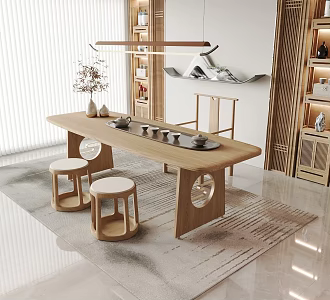 New Chinese Tea Table and Chair Tea Cabinet Tea Set Tea Room Chandelier 3d model