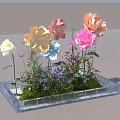 Hotel Corridor Featuring Colorful Flowers In Transparent Square Planter With Light Colored Floor And Blue Sky Background