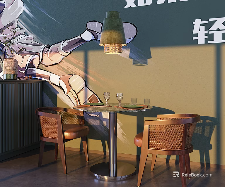 Light Luxury Dining Table Set With Round Table Leather Chairs Pendant Light And Wall Mural 3d model 