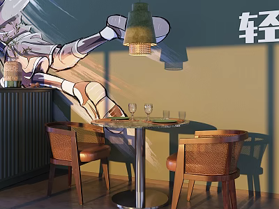 Light Luxury Dining Table Set With Round Table Leather Chairs Pendant Light And Wall Mural 3d model