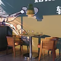 Light Luxury Dining Table Set With Round Table Leather Chairs Pendant Light And Wall Mural