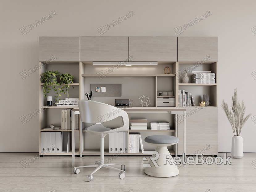 Study Studio Desk and Chair suit Office Desk and Chair Combination Workbench Bookcase Bookshelf Cream White Tone model