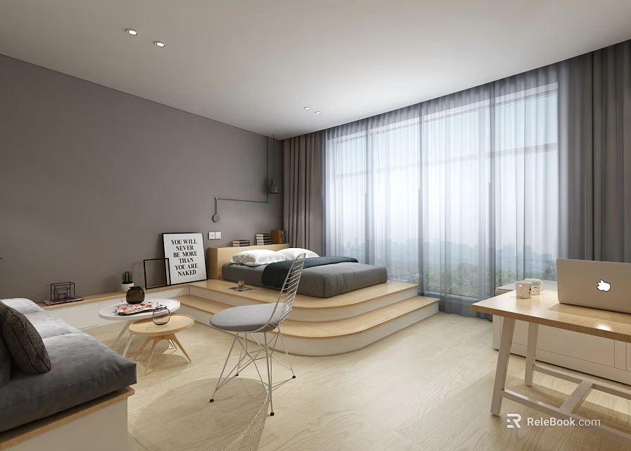 Modern Apartment Interior With Gray Walls Large Windows Curtains Platform Bed Sofa Desk And Laptop 3d model 