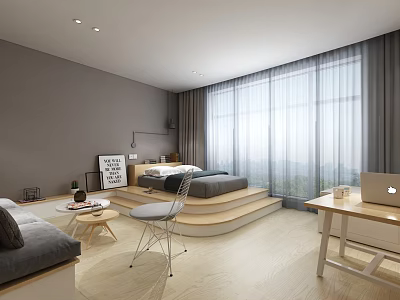 Modern Apartment Interior With Gray Walls Large Windows Curtains Platform Bed Sofa Desk And Laptop 3d model