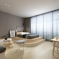 Modern Apartment Interior With Gray Walls Large Windows Curtains Platform Bed Sofa Desk And Laptop