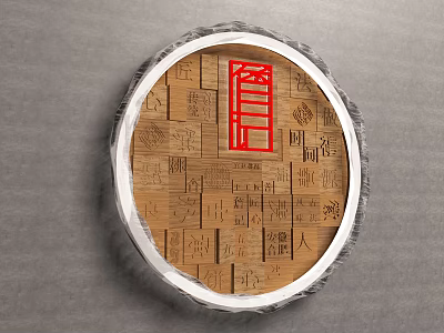 Traditional Background Wall Decor Featuring Circular Design Red Chinese Characters And Character Pattern 3d model