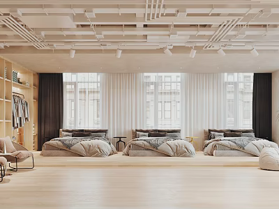 Modern Bedroom Furniture Showroom with Three Comfortable Beds Wooden Floor and Curtains 3d model