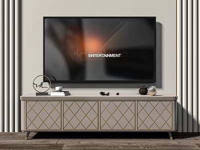 Modern TV Stand With Geometric Pattern Doors Golden Legs TV And Curtain Backdrop 3d model
