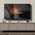 Modern TV Stand With Geometric Pattern Doors Golden Legs TV And Curtain Backdrop