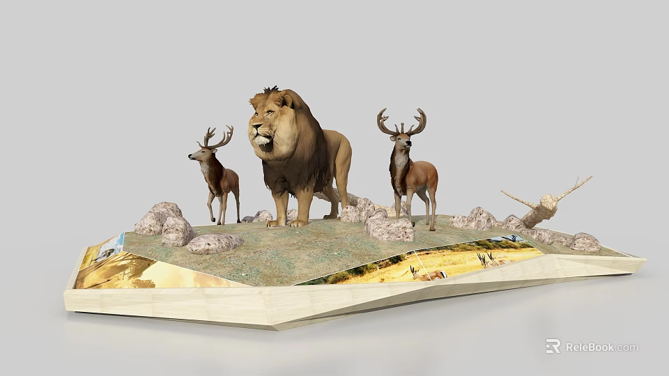Male Lion and Stags Standing on Rocky Grassland with Natural Landscape Elements 3d model 