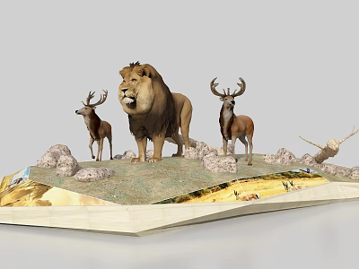 Male Lion and Stags Standing on Rocky Grassland with Natural Landscape Elements 3d model
