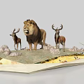 Male Lion and Stags Standing on Rocky Grassland with Natural Landscape Elements