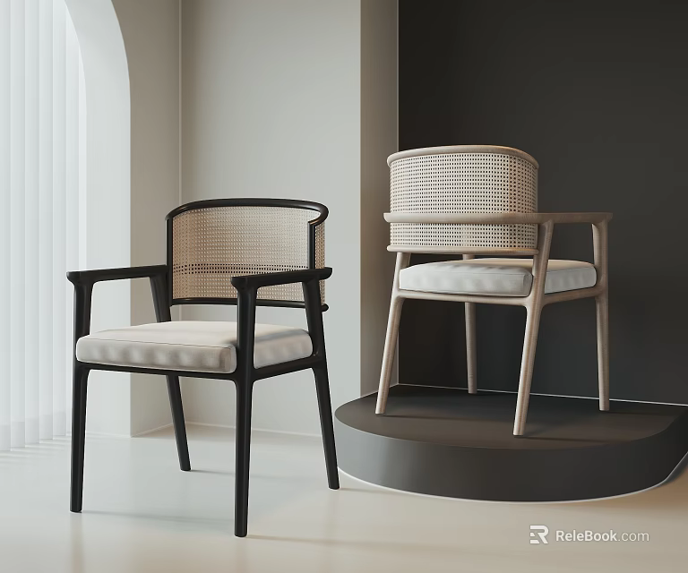 Modern Leisure Chairs With Rattan Backrest And Cushioned Seat In Black And Light Wood Frames 3d model 