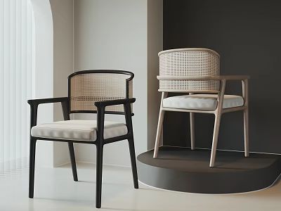 Modern Leisure Chairs With Rattan Backrest And Cushioned Seat In Black And Light Wood Frames 3d model