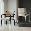 Modern Leisure Chairs With Rattan Backrest And Cushioned Seat In Black And Light Wood Frames