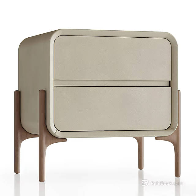 Modern Minimalist Light Beige Bedside Table With Two Leather Drawers And Wooden Legs 3d model 