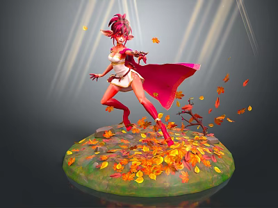 Red Haired Female Character In White Outfit Dancing On Green Base With Falling Autumn Leaves 3d model