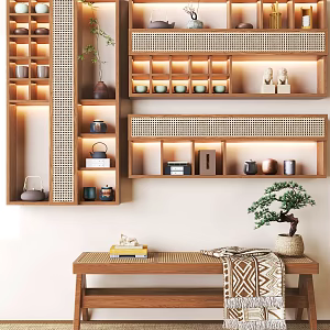 Modern Middle Ancient Tea Room Wall Cabinet Tea Set Decoration Bench Potted Plant Green Plant Tea Room 3d model