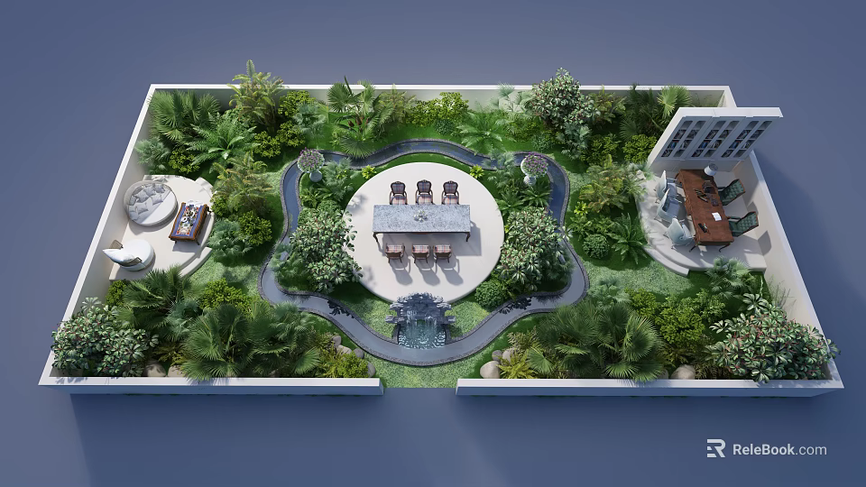 Aerial View Planning of Garden with Central Circular Patio Lush Greenery Winding Paths and Water Fountain 3d model 