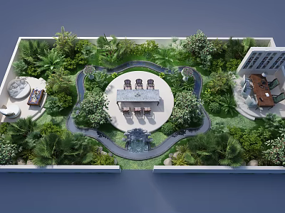 Aerial View Planning of Garden with Central Circular Patio Lush Greenery Winding Paths and Water Fountain 3d model