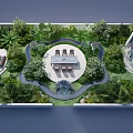 Aerial View Planning of Garden with Central Circular Patio Lush Greenery Winding Paths and Water Fountain