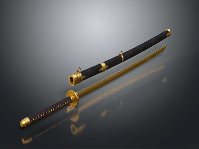 Traditional Japanese Samurai Sword with Black Scabbard Golden Accents Wrapped Handle and Sharp Blade 3d model