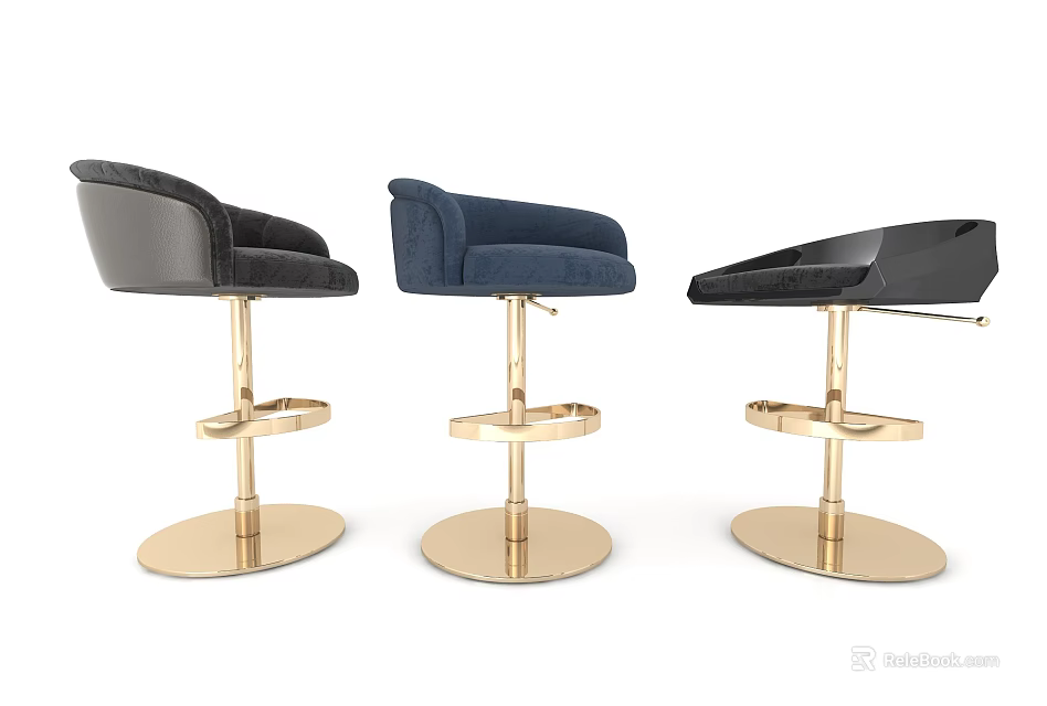 Three Modern Upholstered Bar Stools with Gold Base and Different Colors 3d model