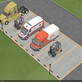 Parking Lot With Yellow Truck White Ambulance Orange Van And Green Grass Area