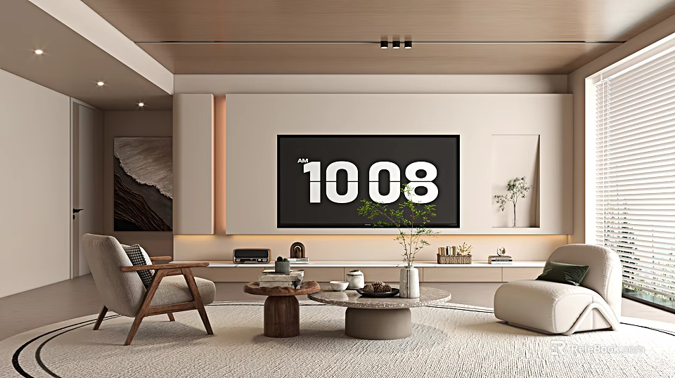 Modern Living Room Interior Design With Large TV Sofa Coffee Tables And Green Plants 3d model 
