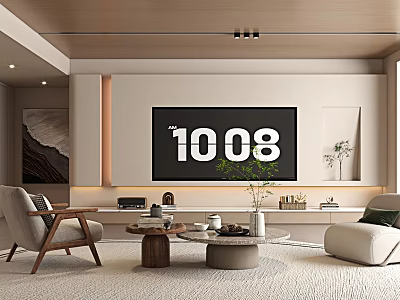 Modern Living Room Interior Design With Large TV Sofa Coffee Tables And Green Plants 3d model