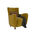 Yellow Armchair with Plaid Pillow and Gray Blanket on Wooden Legs