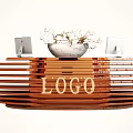 Modern Layered Wooden Reception Desk with Logo Two Computer Monitors and White Flower Pot Plants