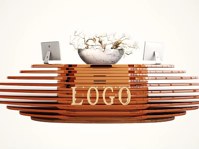 Modern Layered Wooden Reception Desk with Logo Two Computer Monitors and White Flower Pot Plants 3d model