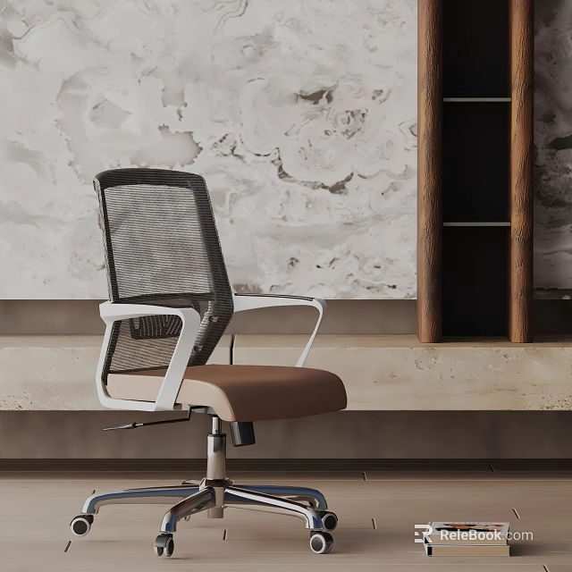 Ergonomic Office Chair With Mesh Back Brown Seat White Armrests Metal Base In Modern Interior 3d model 