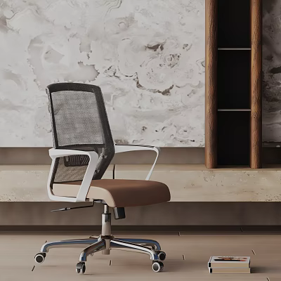 Ergonomic Office Chair With Mesh Back Brown Seat White Armrests Metal Base In Modern Interior 3d model