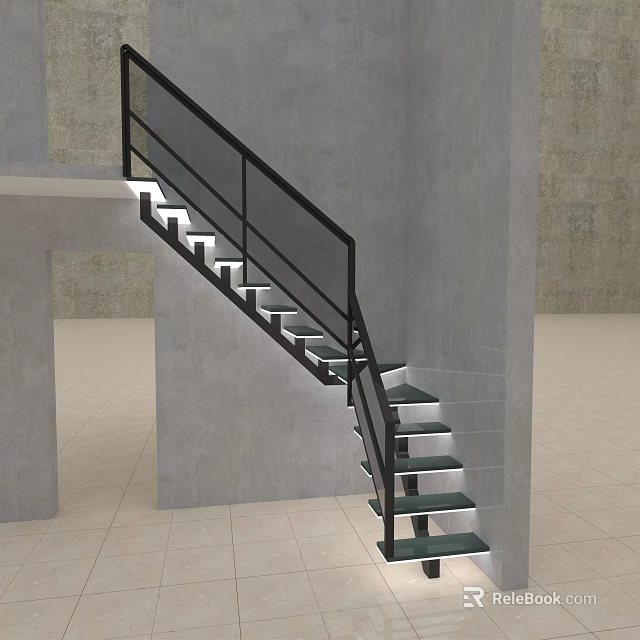 Modern Staircase With Black Railing And Glass Steps In Minimalist Interior 3d model