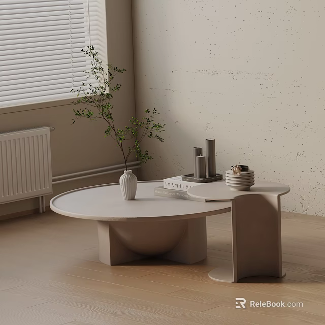 Modern Minimalist Sofa Coffee Table Set With Neutral Tones And Decorative Plants 3d model 