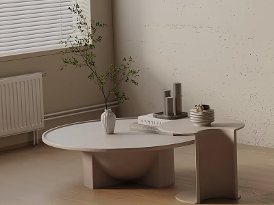 Modern Minimalist Sofa Coffee Table Set With Neutral Tones And Decorative Plants 3d model
