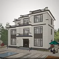 Modern Style Detached Villa Exterior With Large Glass Windows Swimming Pool And Greenery