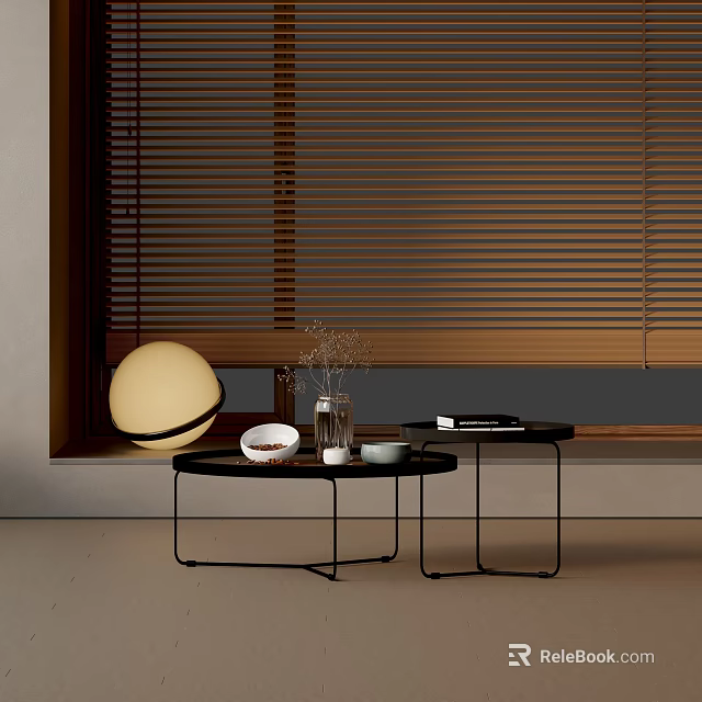 Modern Sofa Coffee Table Set With Black Metal Frame Round Top And Decorative Items 3d model