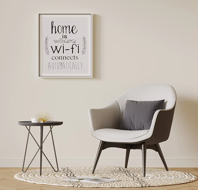 Modern Single Sofa With Gray Cushion Small Side Table Decorative Wall Art And Area Rug 3d model 