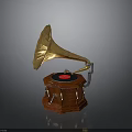 Vintage Phonograph With Golden Horn Wooden Base And Black Vinyl Turntable