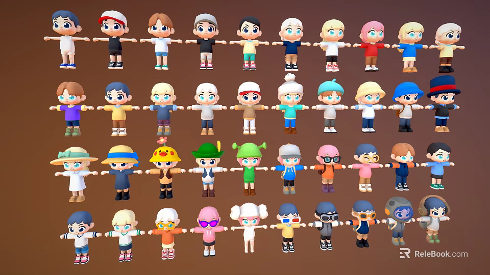 Diverse Cartoon Characters With Various Hairstyles And Colorful Outfits Collection 3d model 