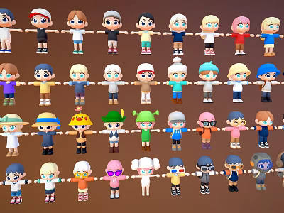 Diverse Cartoon Characters With Various Hairstyles And Colorful Outfits Collection 3d model