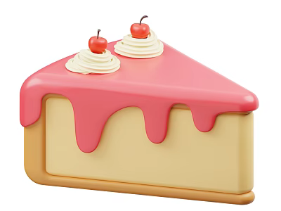 Delicious Pink Frosting Dripping Cake Slice With Whipped Cream And Cherries On Yellow Base 3d model