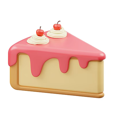 Delicious Pink Frosting Dripping Cake Slice With Whipped Cream And Cherries On Yellow Base 3d model