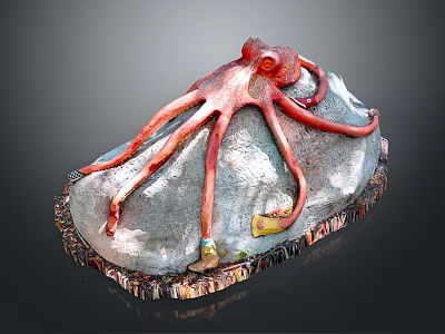 Red Octopus Model With Long Tentacles On Rock Base And Small Decorations 3d model